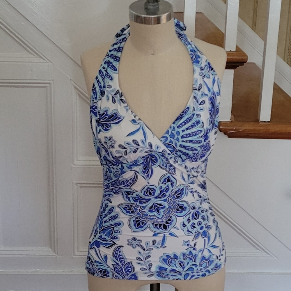 LA BLANCA Beyond The Pacific Blue White Halter Swimsuit Top Size 6
